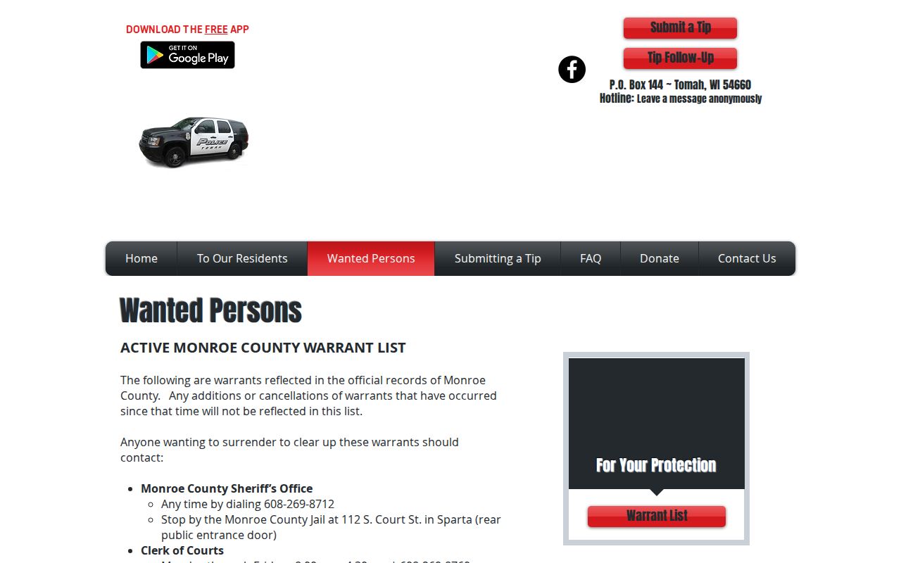 Monroe County Crime Stoppers wanted-persons page and warrant-list guidance