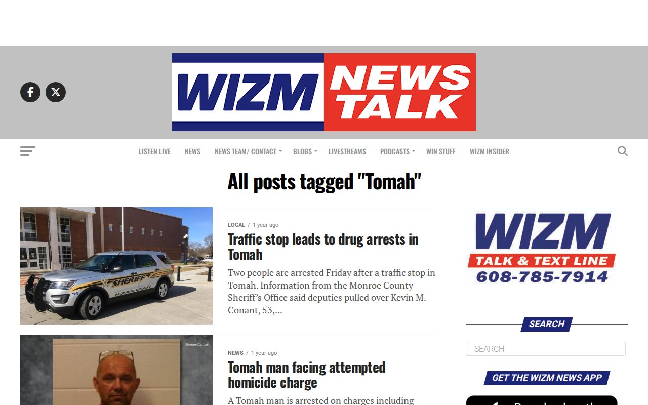 WIZM Tomah news tag with Monroe County public-safety story listings