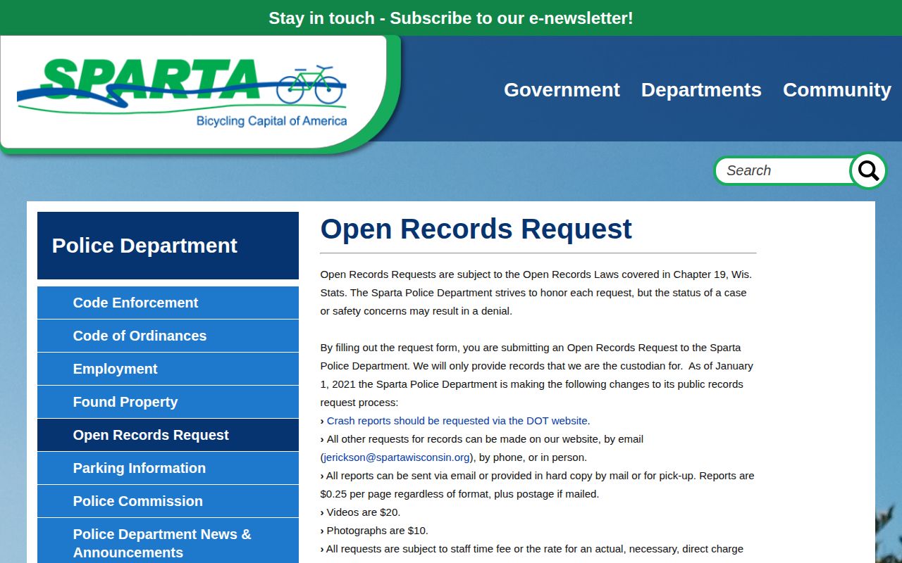 Sparta Police Department request screen for Monroe County arrest records