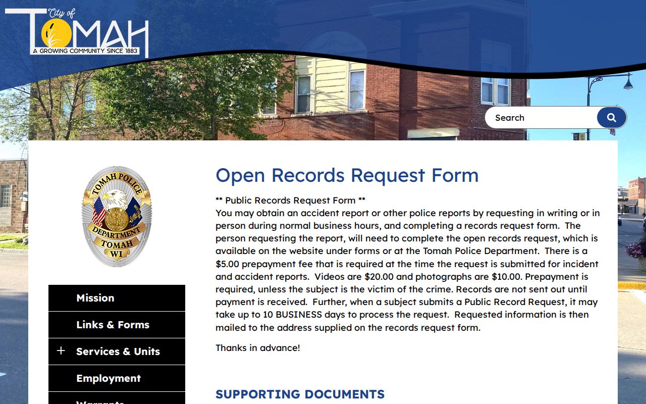 Tomah Police Department request form for Monroe County arrest records